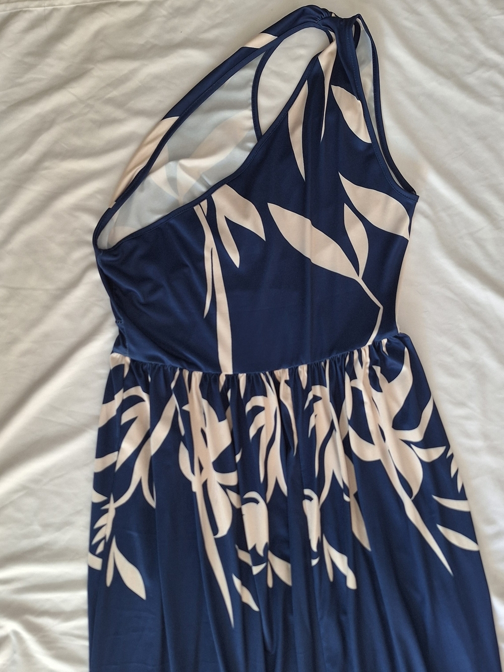 Shein One Shoulder Oblique Neck Floral Print Slit Helm Long Dress Navy &Cream L - Picture 6 of 11